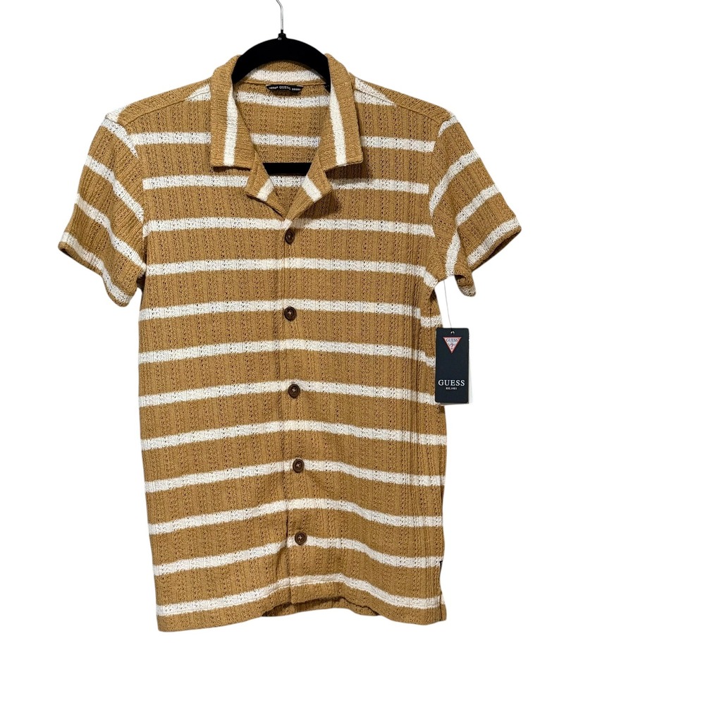 Guess Kids Tan White Striped Open Knit Crochet Button Up Shirt Size 12 NEW